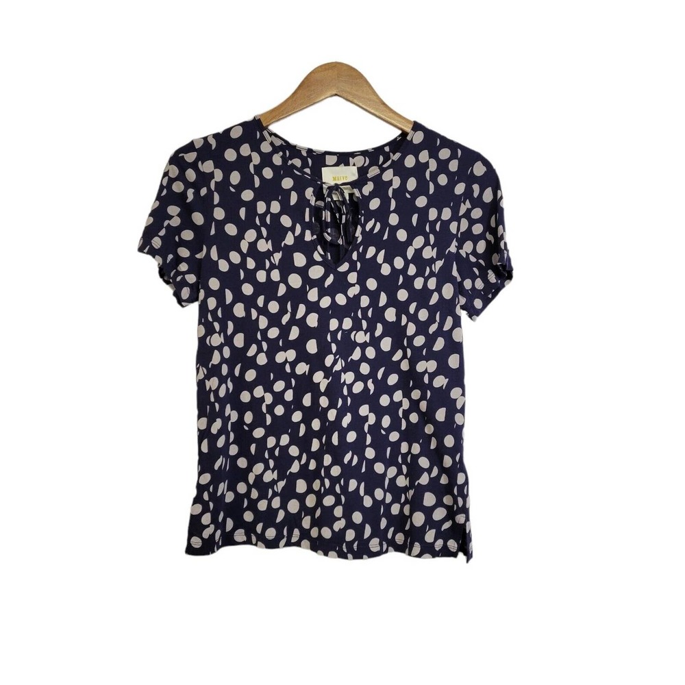 Anthropologie Maeve Navy Blue & White Polka Dot Cotton Modal Short Sleeve Top XS